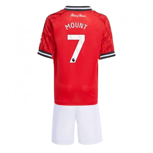 Stroje piłkarskie Manchester United Mason Mount #7 Koszulka Podstawowej dla dzieci 2025-26 Krótki Rękaw (+ szorty)